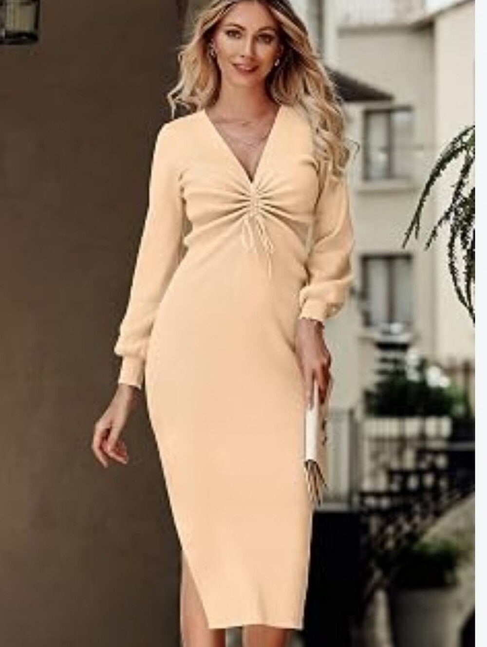 Ruched V-Neck Ribbed Long Sleeve Dress - Light Pink